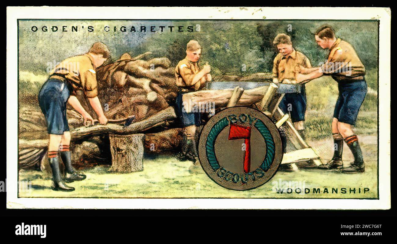 Boy Scouts - Woodmanship - Vintage Cigarette Card Illustration Stock Photo