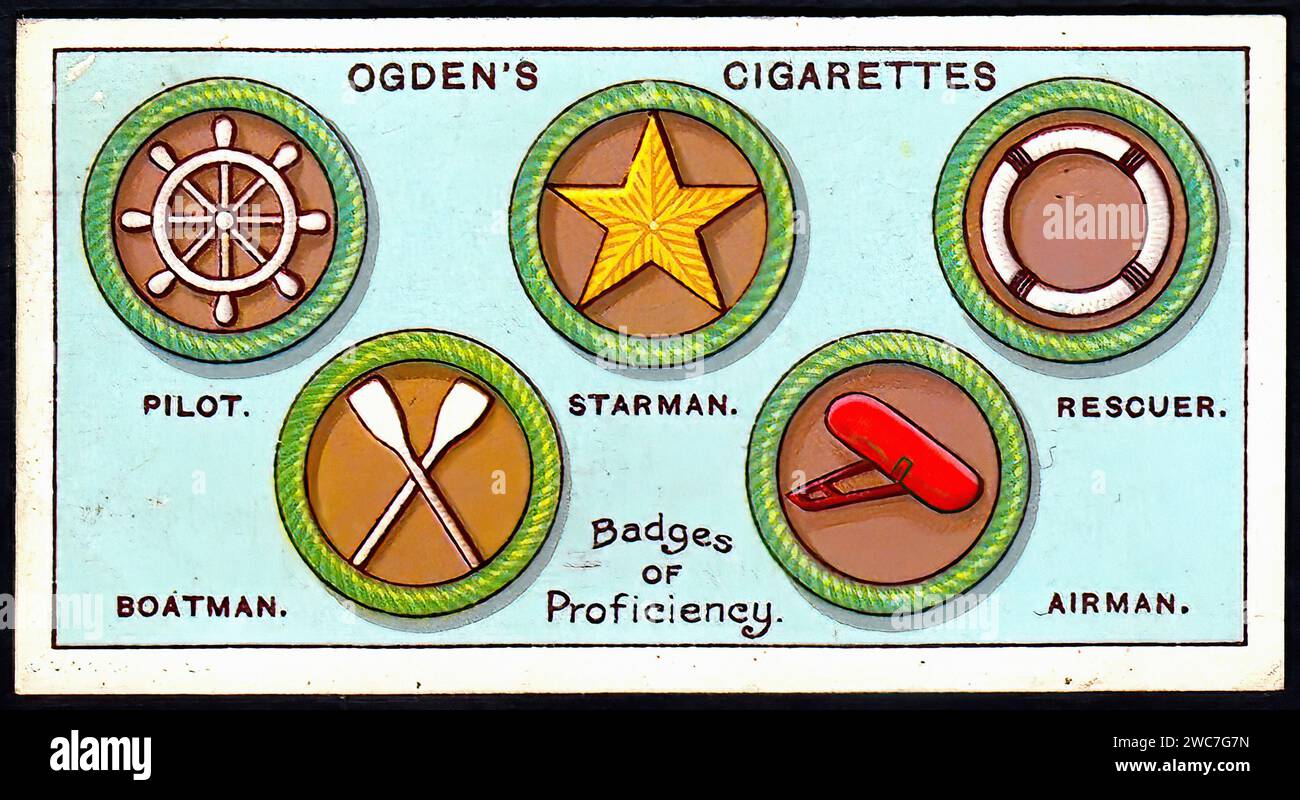 Boy Scouts Proficiency Badges - Vintage Cigarette Card Illustration Stock Photo