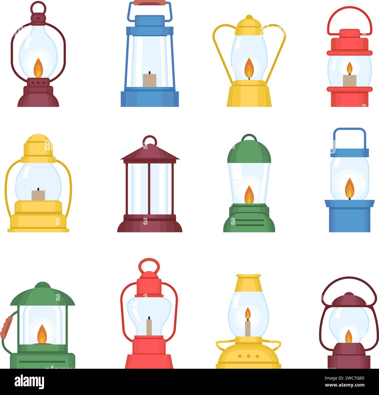 Kerosine lamps, flat lanterns with candles and gas lamp with fire