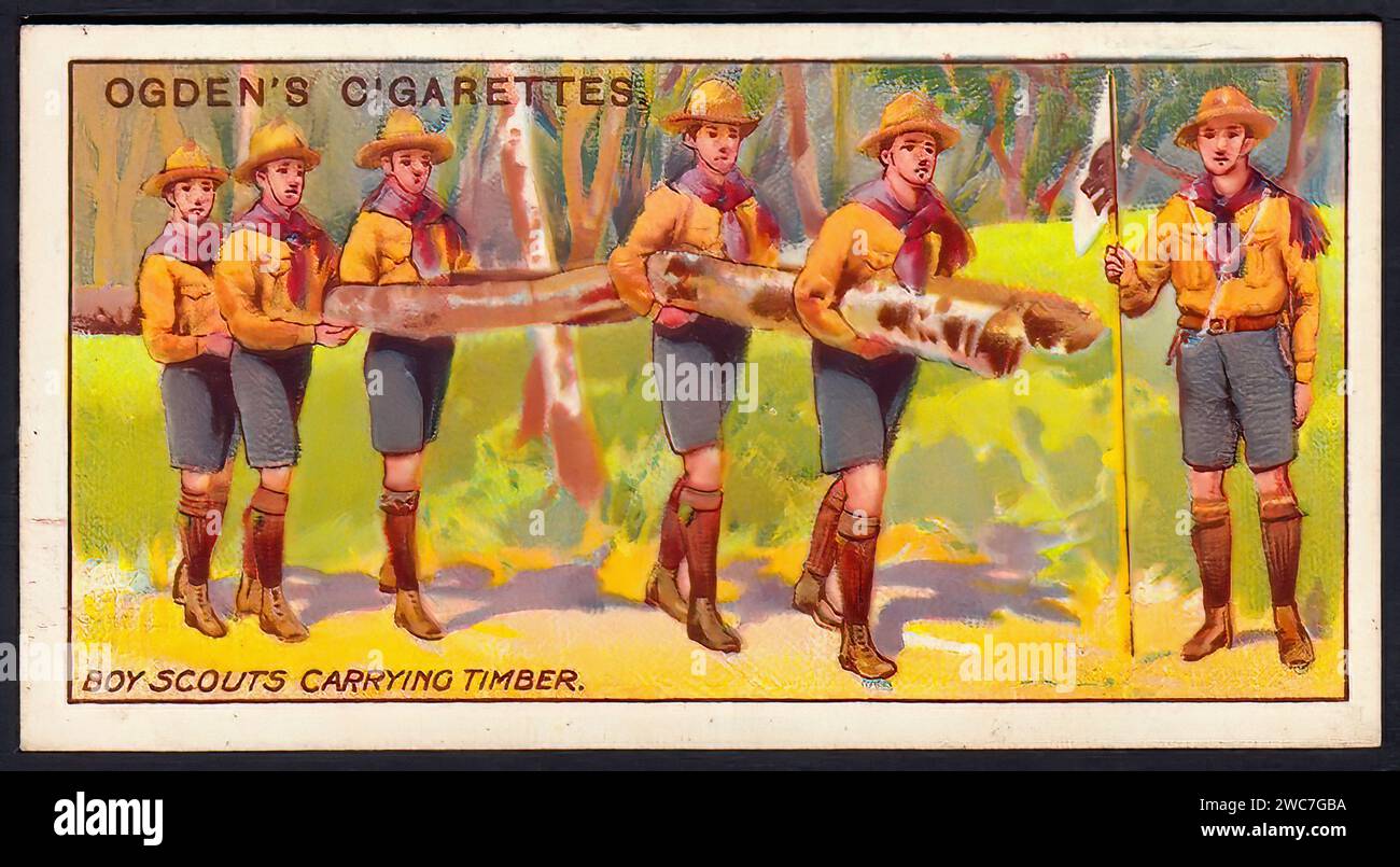 Boy Scouts Carrying Timber - Vintage Cigarette Card Illustration Stock Photo