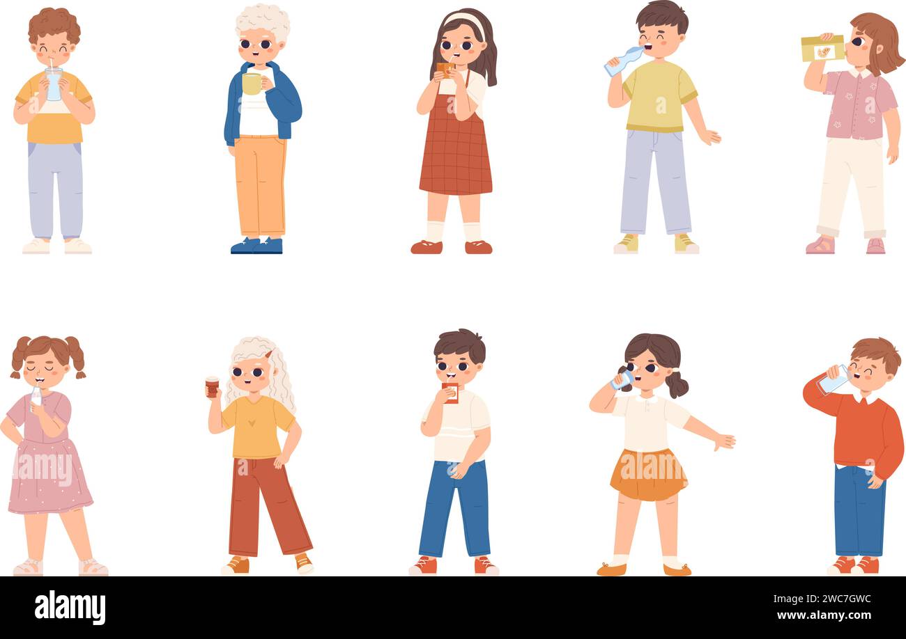 Little children drinks. Cute toddlers drinking water, juice, milk and