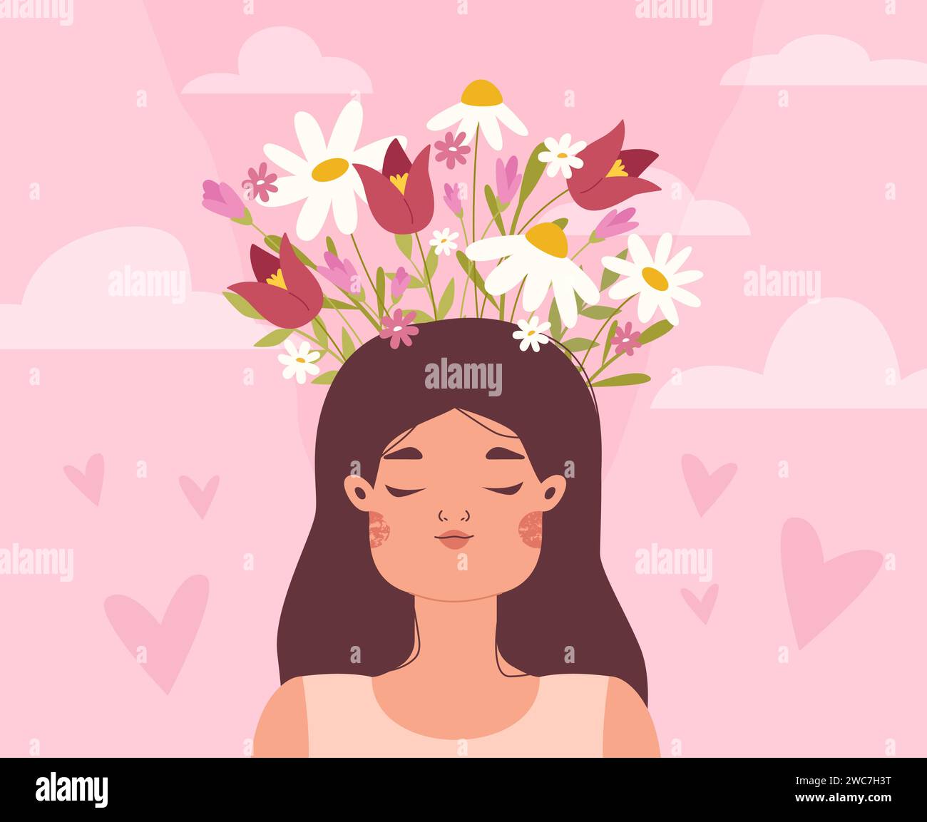 Female mental health. Young woman recovery brain or mind. Girl positive thinking, depression and sadness treatment. Keep calm snugly vector scene Stock Vector