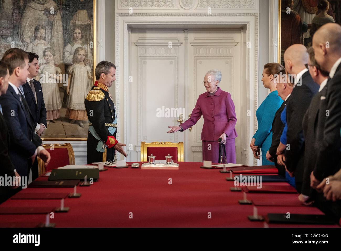 Copenhagen, Denmark. 14 January, 2024. Queen Margrethe leaves the place