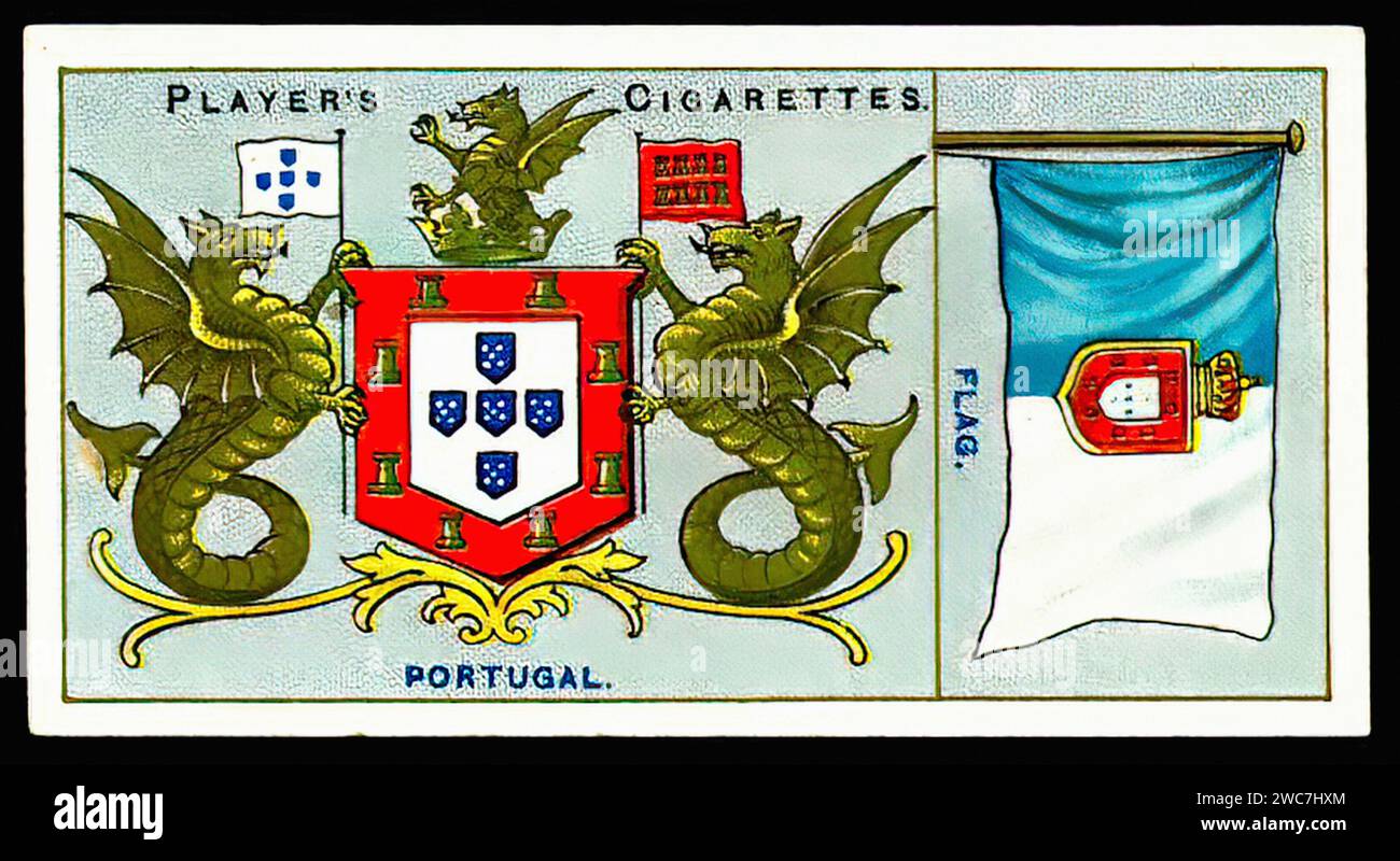 Arms & Flag of Portugal - Vintage Cigarette Card Illustration Stock Photo