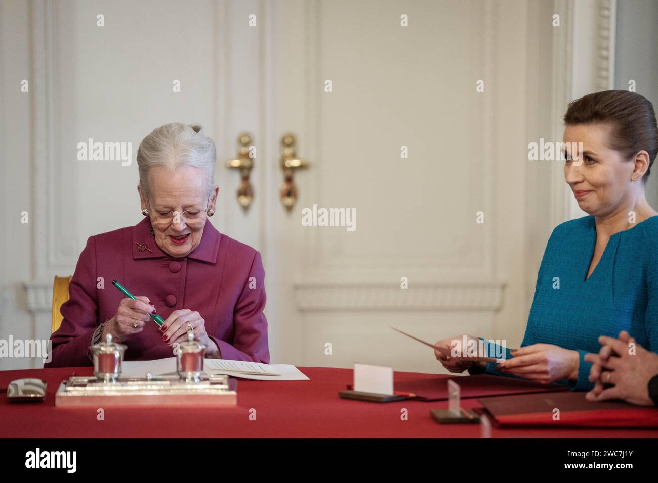 Copenhagen, Denmark. 14 January, 2024. Queen Margrethe signs a