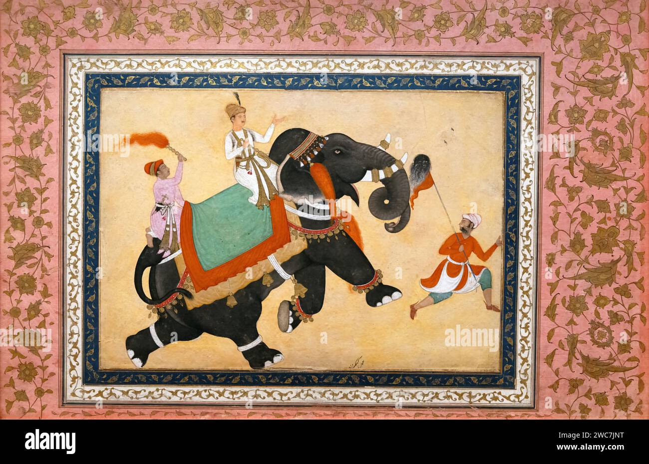 Indian painting of a Prince riding an elephant. Painting exposed at Metropolitan Museum of New York. India 16th17th century. Stock Photo