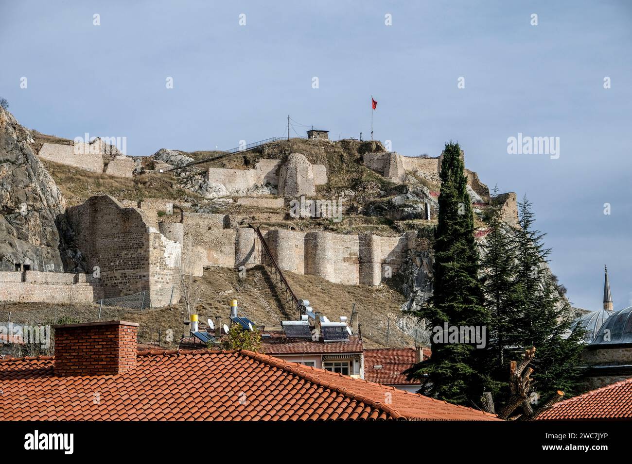 Tokat Castle, is an ancient citadel with 28 towers built on top of a rocky peak in the center of Tokat, Turkey. Stock Photo