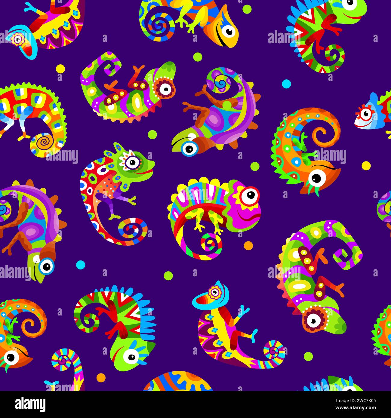 Chameleons pattern. Colored lizards seamless background Stock Vector
