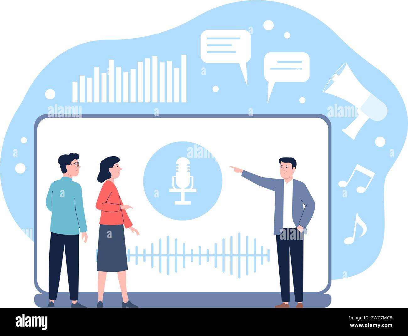 Voice assistant technology. People group using smart speaker, online translator or digital assistance. Intelligent home or office device, recent Stock Vector