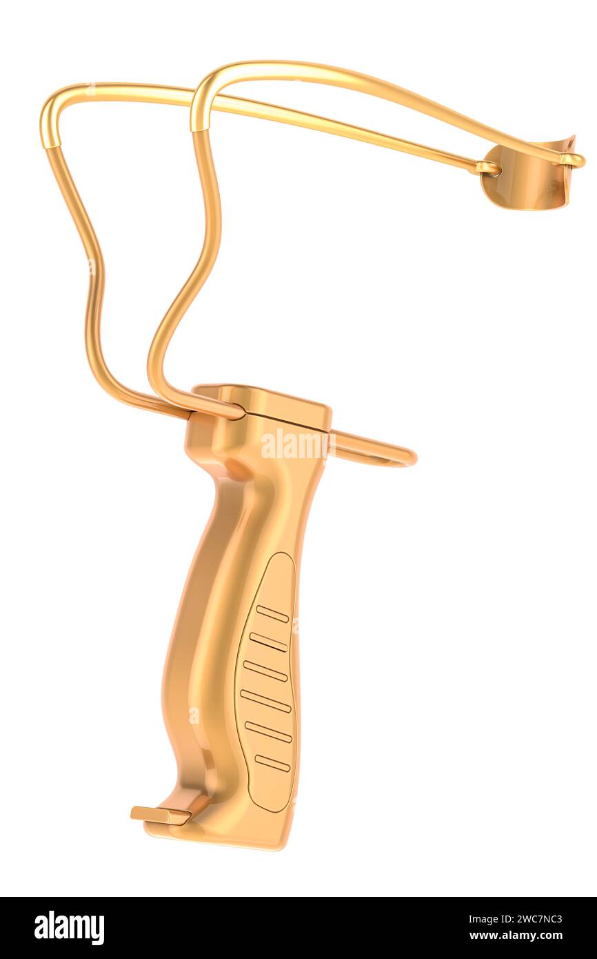 Golden Slingshot, 3D rendering isolated on white background Stock Photo