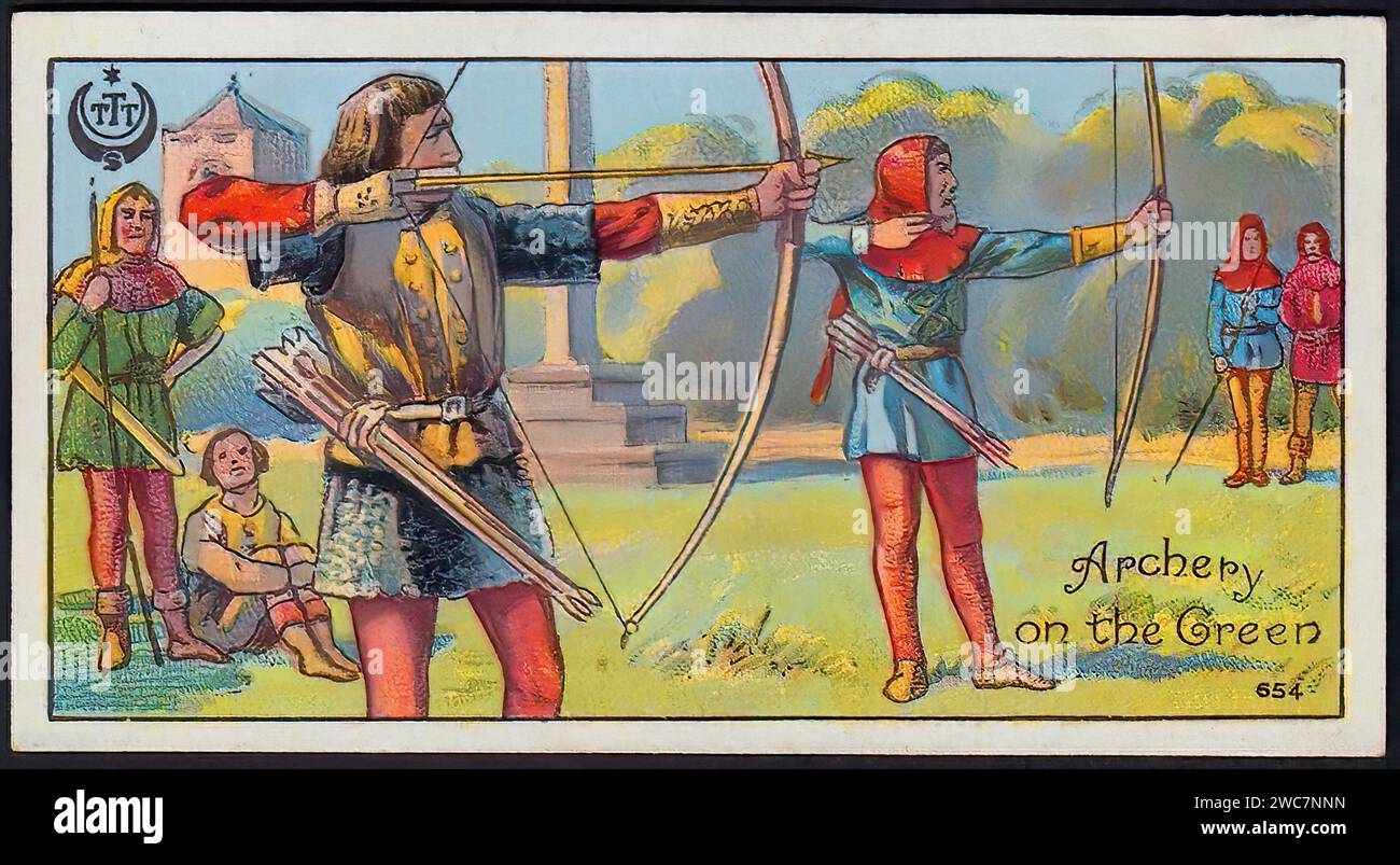 Archery on the Green - Vintage English Tradecard Illustration Stock Photo