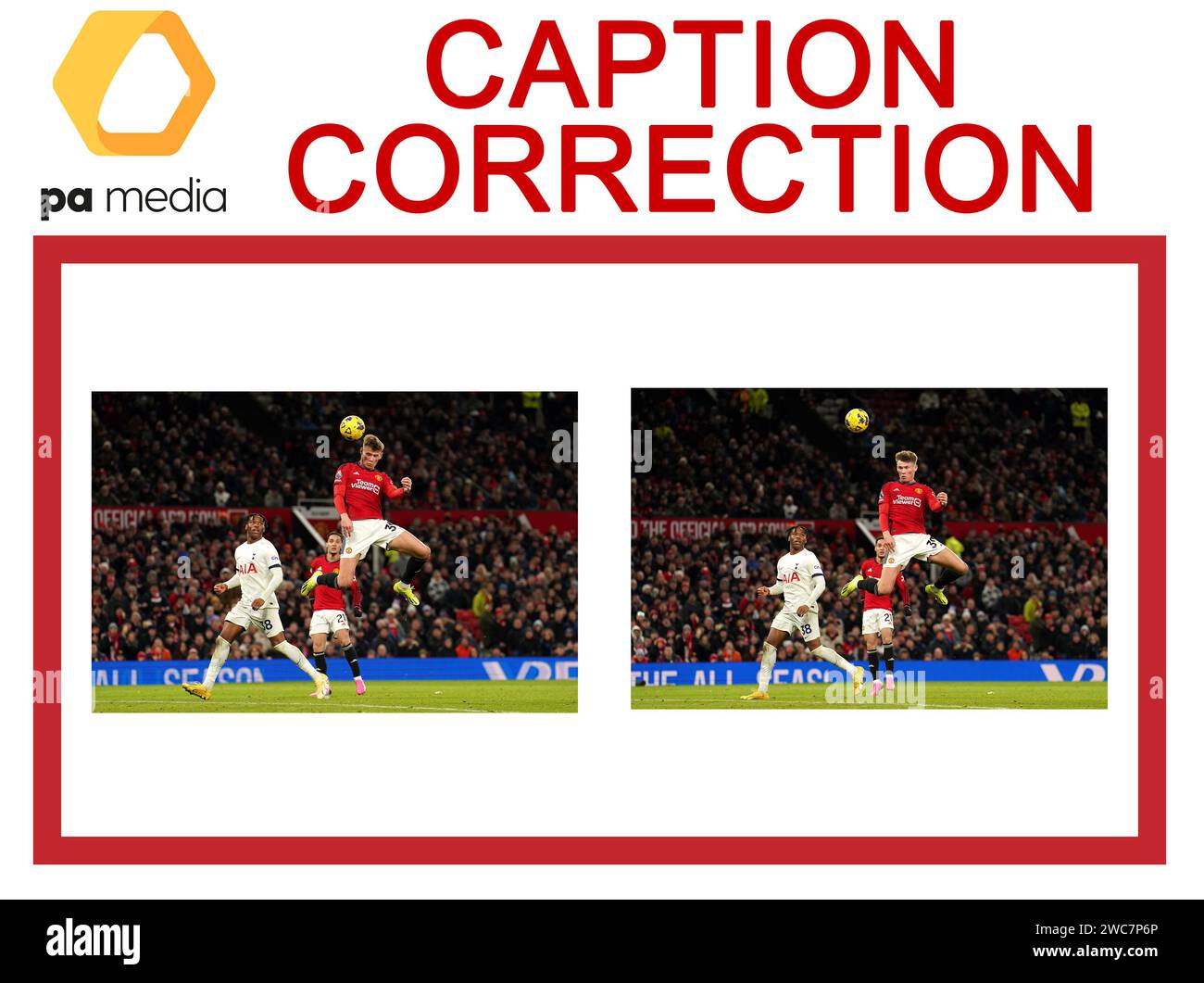 ATTENTION PICTURE EDITORS, CHIEF SUBS AND PICTURE LIBRARIANS: Caption correction correcting the name of player from Rasmus Hojlund to Scott McTominay. CORRECT CAPTION SHOULD READ: Manchester United's Scott McTominay heads over during the Premier League match at Old Trafford, Manchester. Picture date: Sunday January 14, 2024. Stock Photo