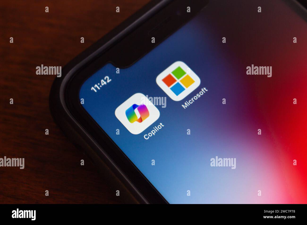 Vancouver, CANADA - Jan 2 2024 : Microsoft Copilot and Microsoft icons seen in an iPhone screen. Copilot is a chatbot developed by MS Stock Photo