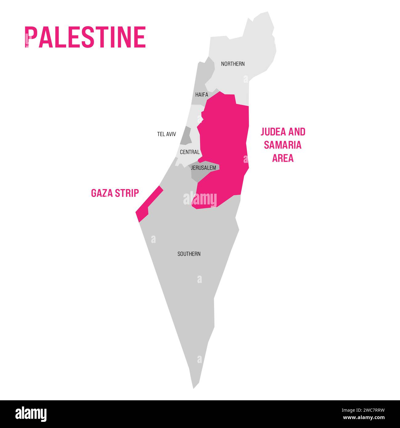 Political map of Palestine highlighted in the map of Israel. Pink colored Gaza Strip and Judea