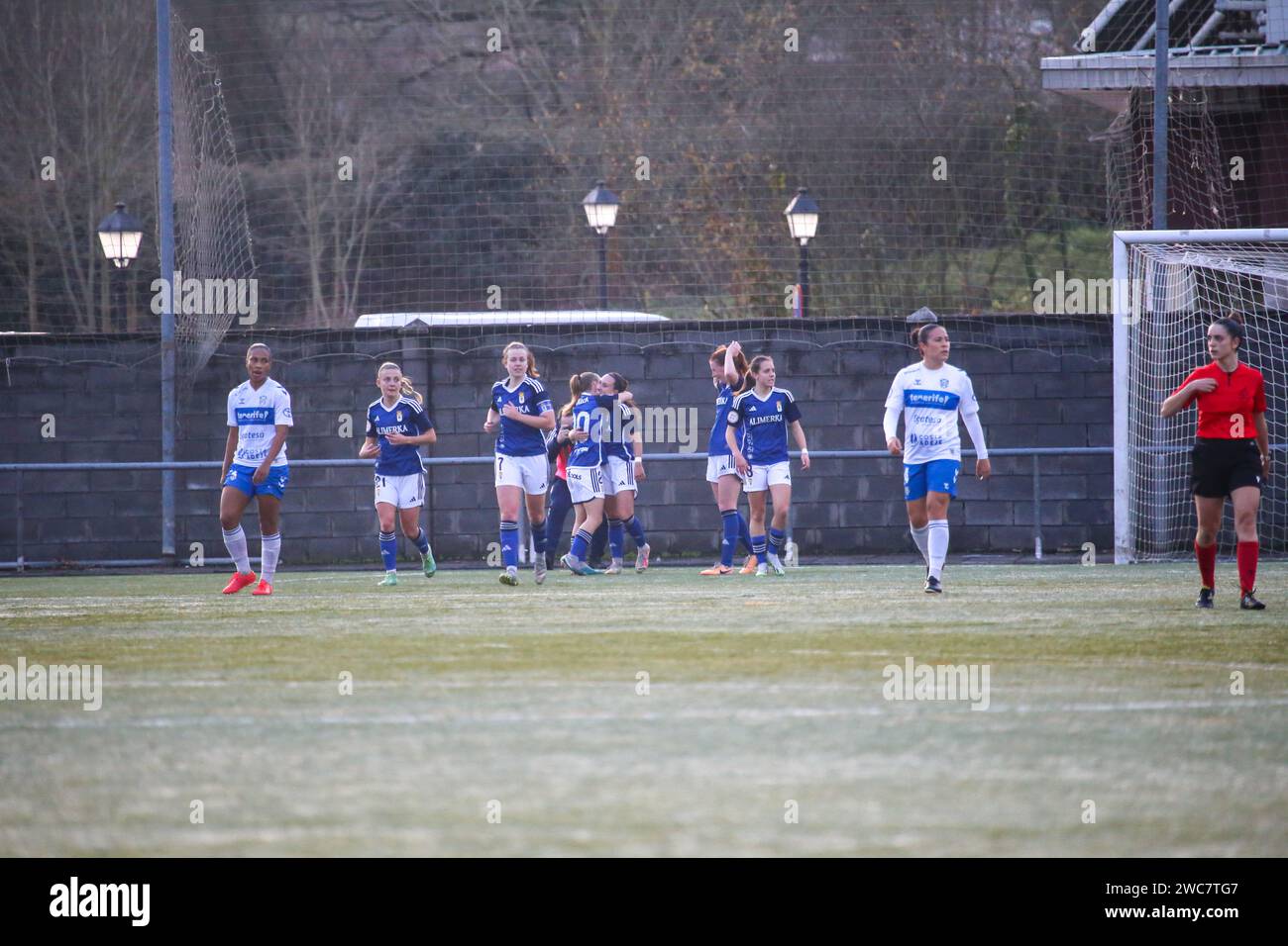 San Claudio, Spain, 14th January, 2024: Real Oviedo Fem players celebrate the tying goal during the round of 16 of the SM La Reina Cup 2023-24 between Real Oviedo Fem and UDG Tenerife, on January 14 2024, at the 'El Castañeo' Sports Complex, in San Claudio, Spain. Credit: Alberto Brevers / Alamy Live News. Stock Photo