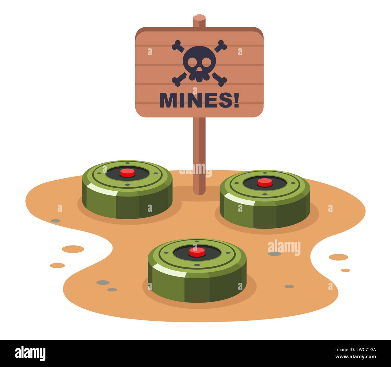 Mine field with a sign. Anti -tank mines. Flat vector illustration Stock Vector