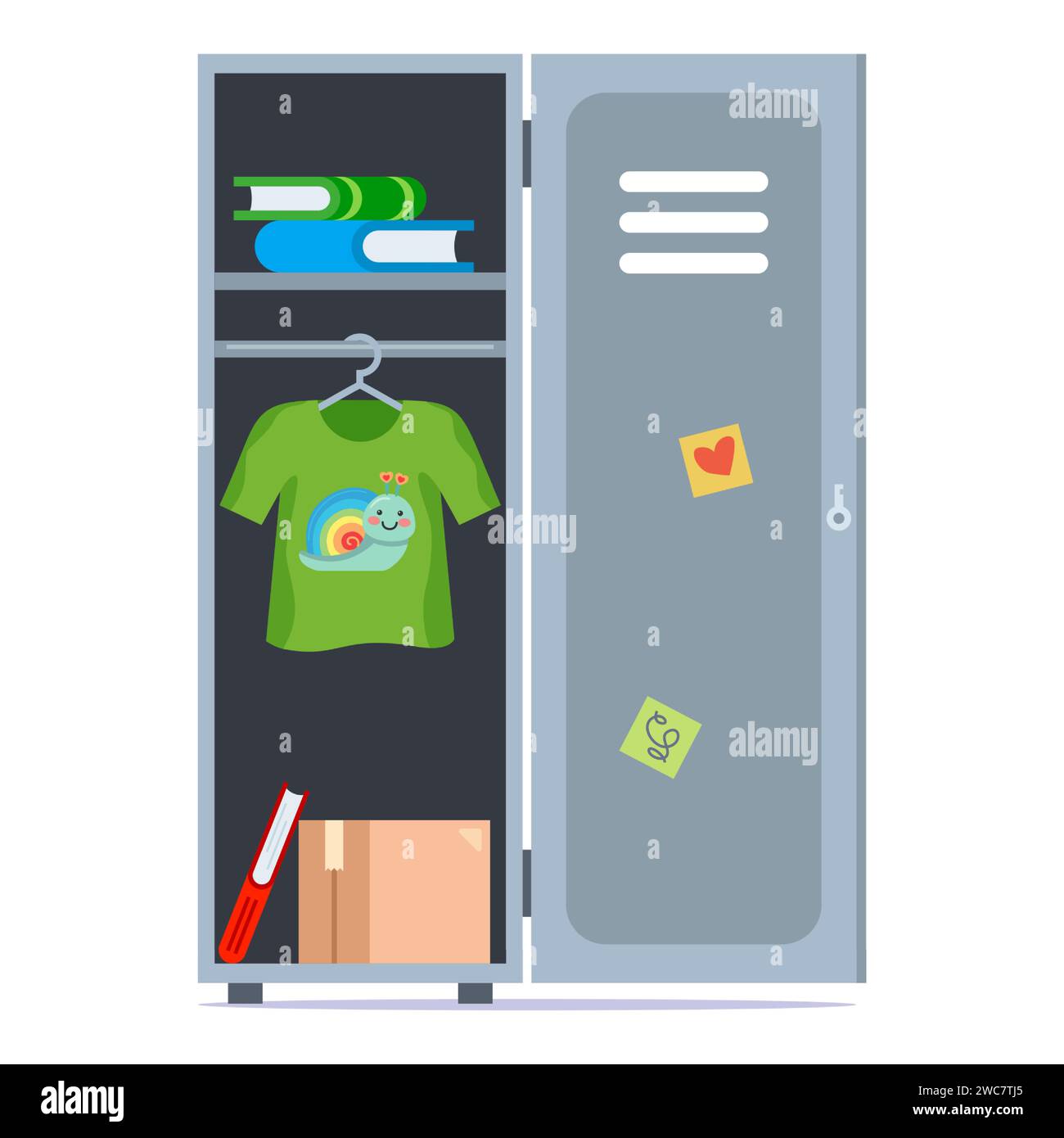 Iron school cabinet with clothes. Flat vector illustration Stock Vector