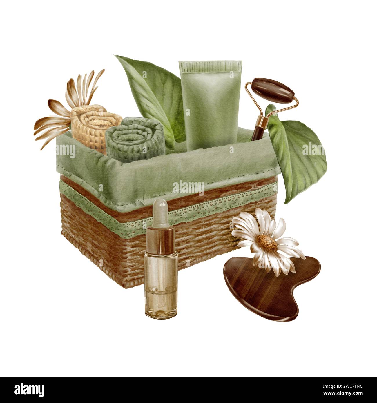 Watercolor illustration of a wicker basket with green cloth and with ...