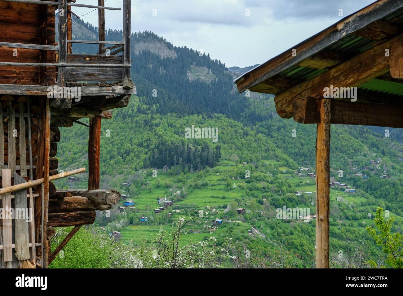 A typical village settlement with traditional houses in Şavşat district of Artvin province. Stock Photo