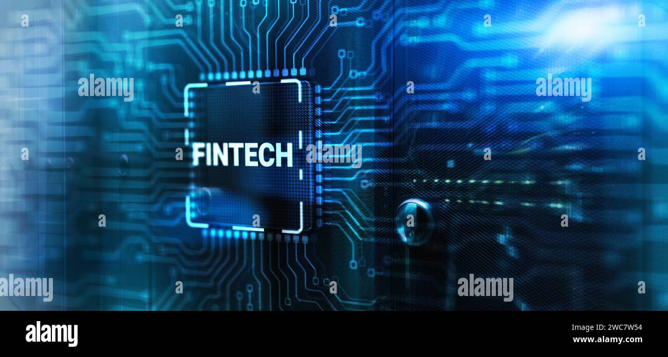 Fintech financial technology concept on 3d Electronic Circuit Board Chip Stock Photo