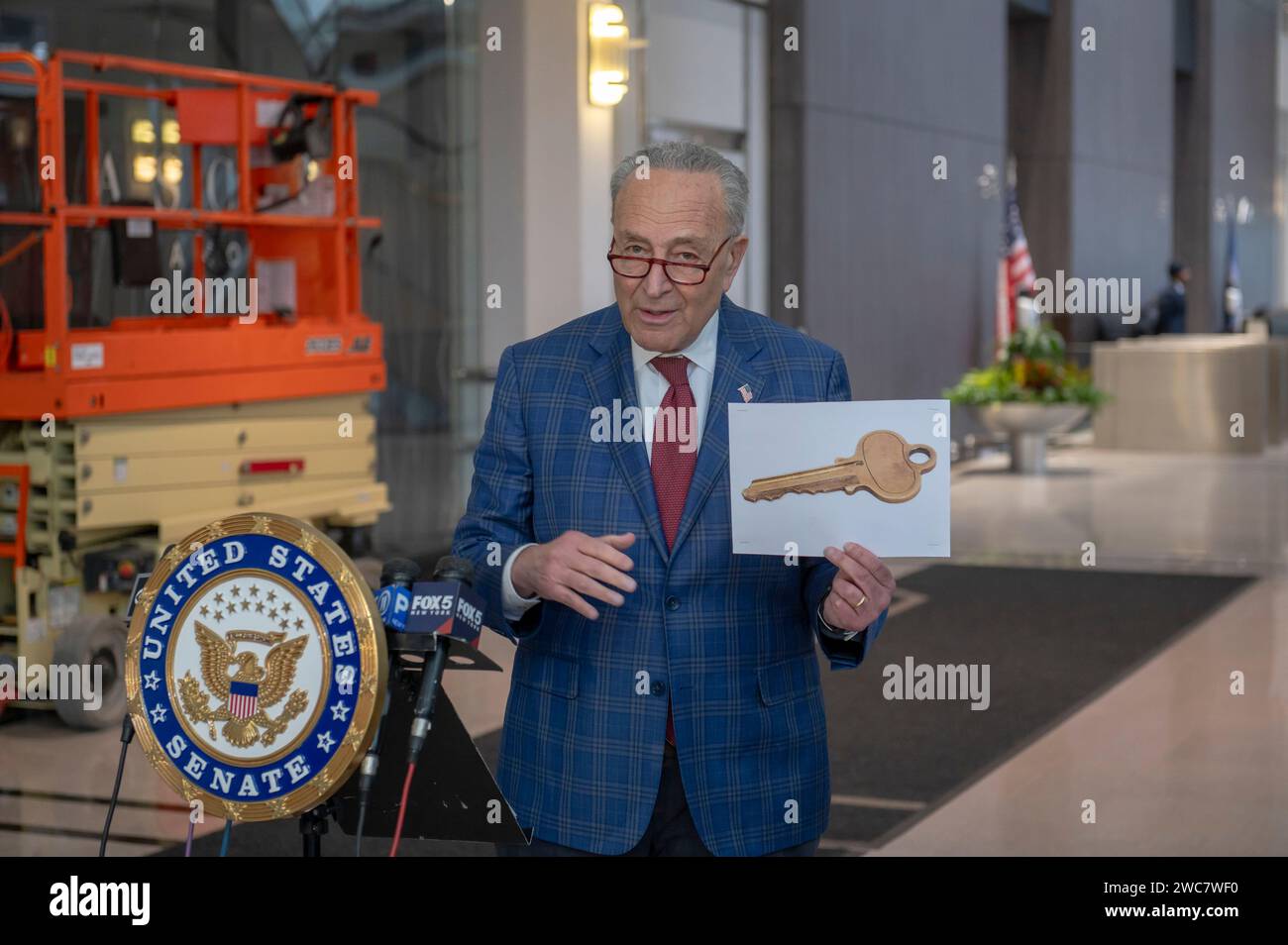 New York, United States. 14th Jan, 2024. NEW YORK, NEW YORK - JANUARY 14: Senate Majority Leader, U.S. Senator Chuck Schumer (D-NY) announces he will bring legislation to the Senate floor Tuesday to fund the government into March as a shutdown deadline looms Friday on January 14, 2024 in New York City. Senator Schumer, also, reveals a new plan to have U.S. Army Corps of Engineers to fund emergency rehab across Long Island shores. Credit: Ron Adar/Alamy Live News Stock Photo
