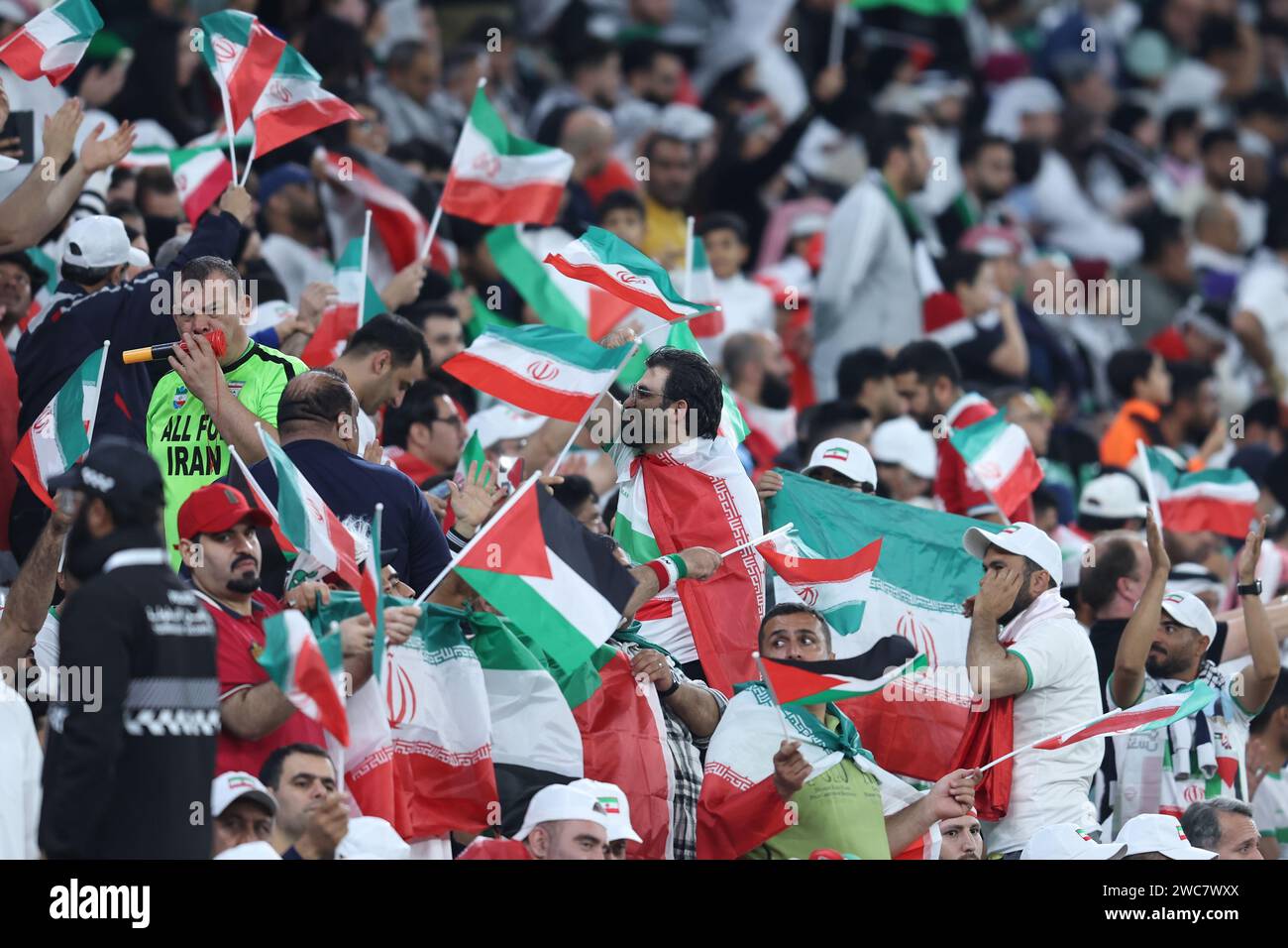 AL RAYYAN, QATAR - JANUARY 14: fans of Iran with flags during the AFC ...