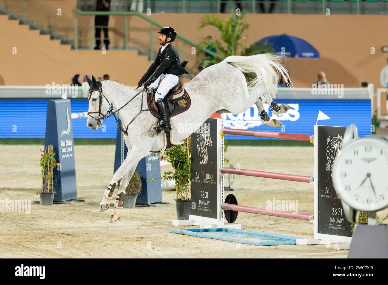 Gold and Shooting Club, UAE. 14 January, 2024. Salim Ahmed Al Suwaidi of United Arab Emirates with Chacco Lover JR. during the CSI4*-W - Longines Al Shira’aa FEI Jumping World Cup™ Gand Prix at the Al Shira'aa Horse Show on January 14, 2024, Al Ain Equestrial, Gold and Shooting Club, United Arabe Emirates (Photo by Maxime David - MXIMD Pictures) Credit: MXIMD Pictures/Alamy Live News Stock Photo