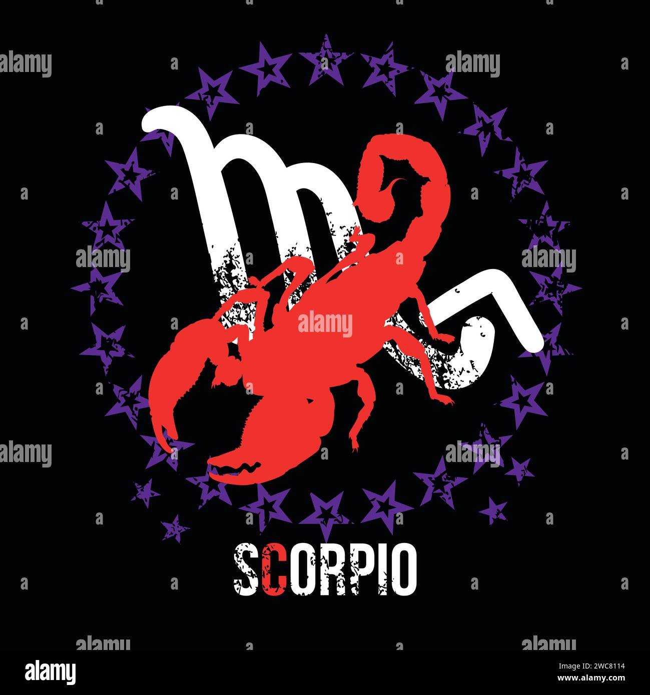 Tshirt design of the Scorpio symbol surrounded by stars and the