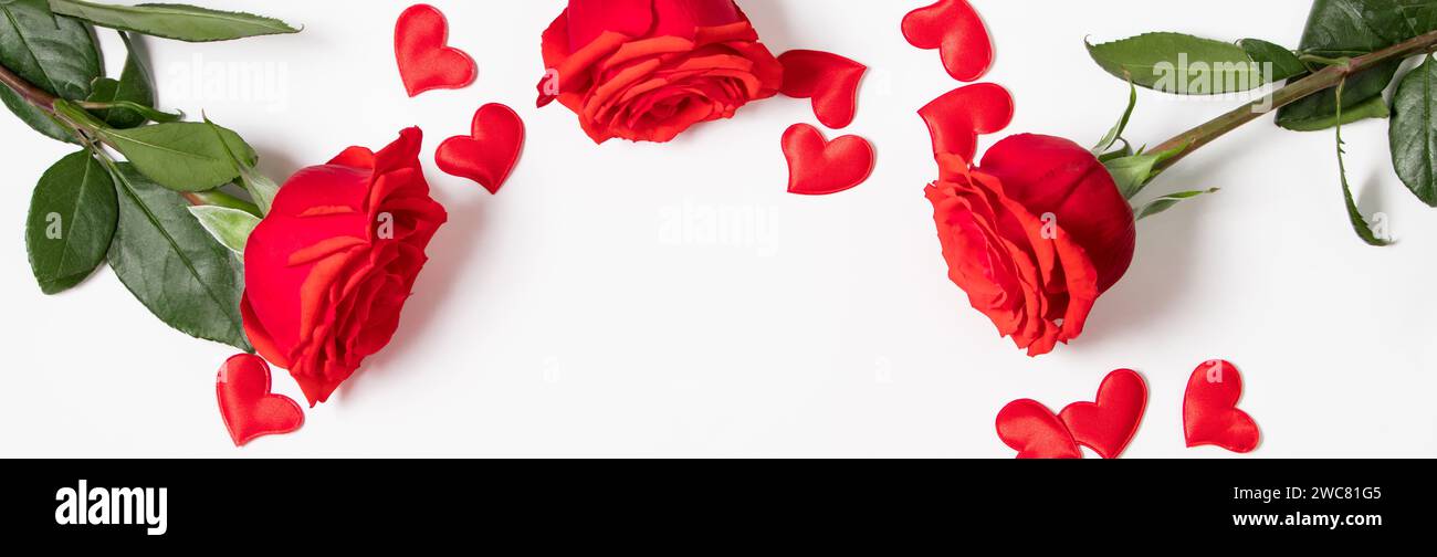 Bouquet of red roses and hearts on white background. Valentine's day ...