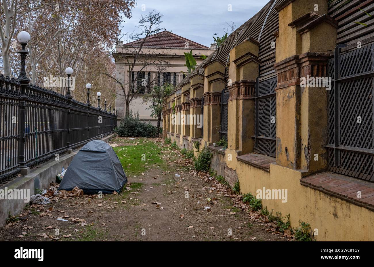 Barcelona, Spain. 14th Jan, 2024. A homeless person's tent is seen at ...