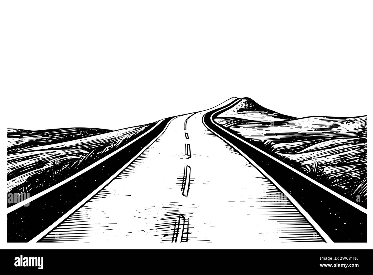 Simple road hand drawn ink sketch highway landscape. Engraved style
