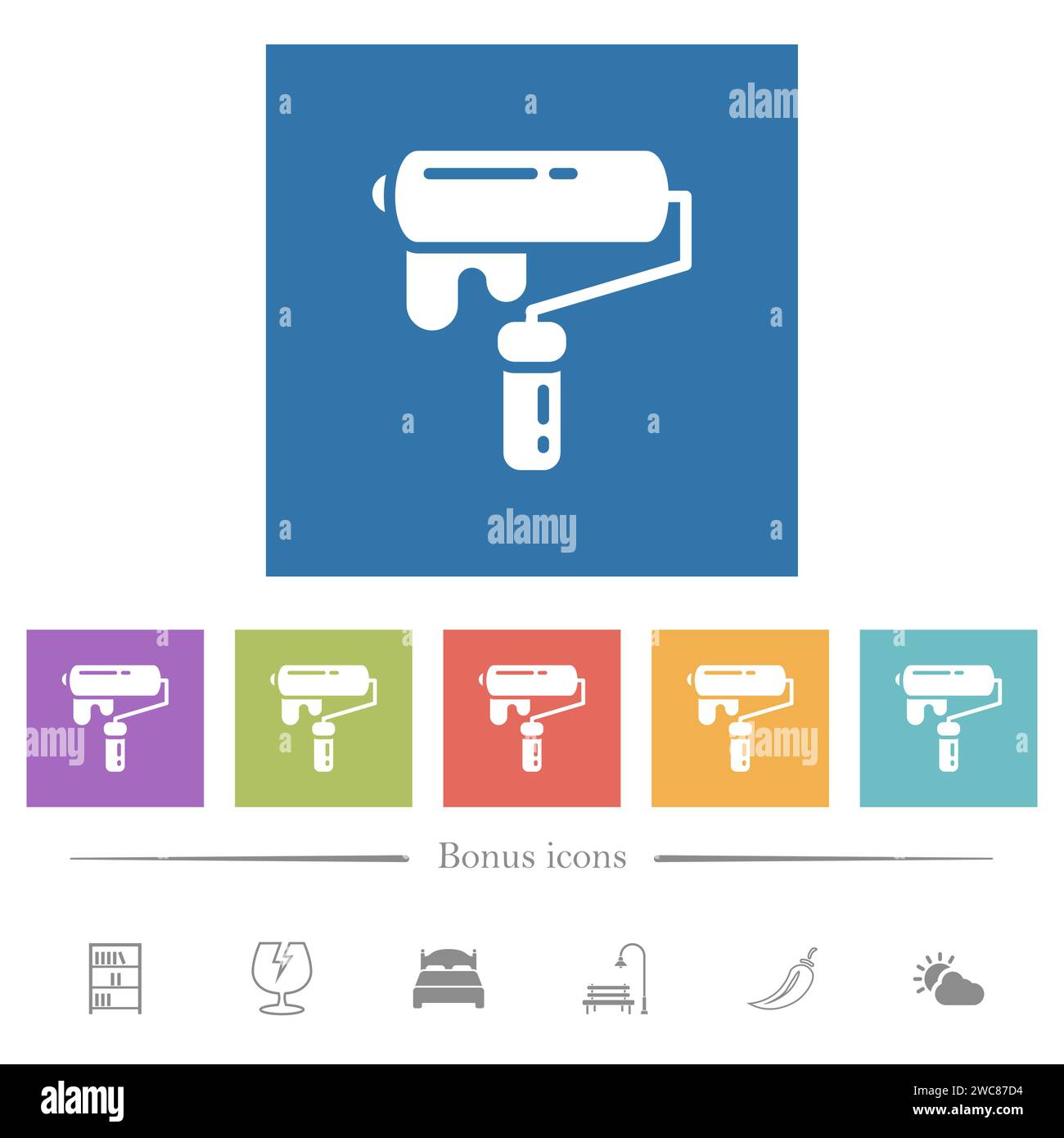 Painting with paint roller flat white icons in square backgrounds. 6 ...