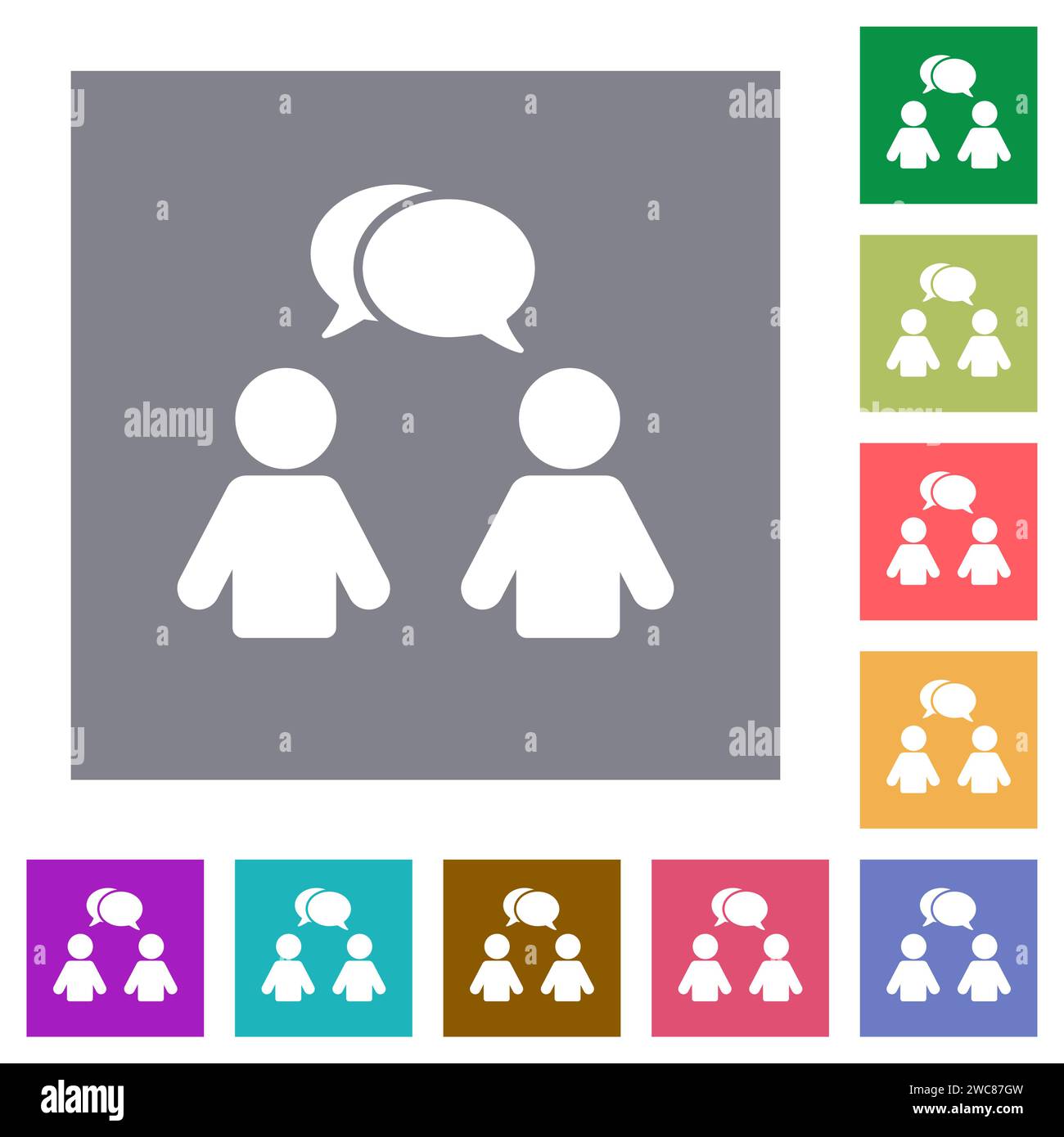 Two talking persons with oval bubbles solid flat icons on simple color square backgrounds Stock Vector