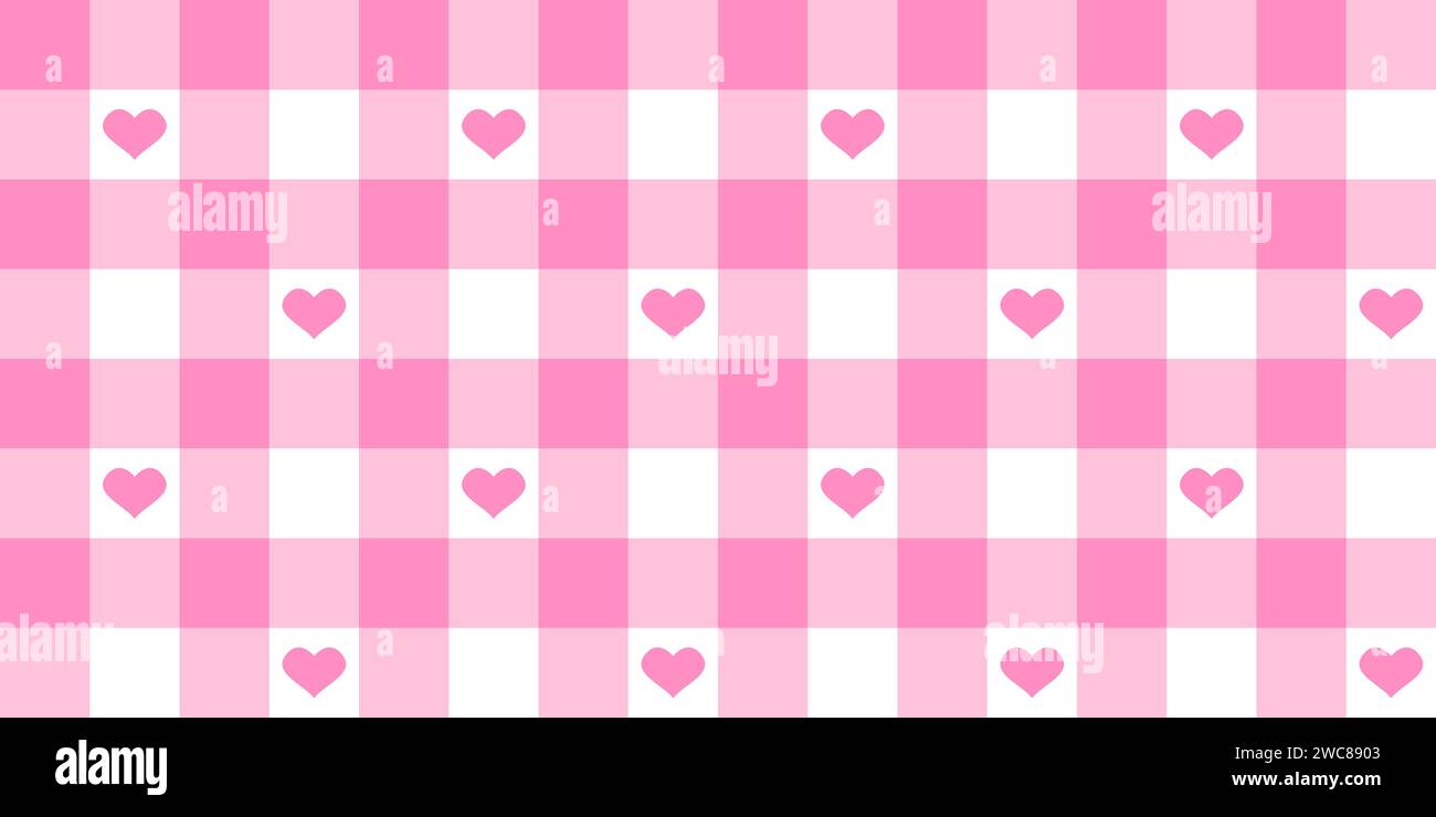 Checkered background with pink and white squares and hearts. Gingham or vichy pattern of tablecloth, napkin, towel, blanket. Picnic plaid texture. Valentine Day scrapbooking or wrapping paper print. Stock Vector