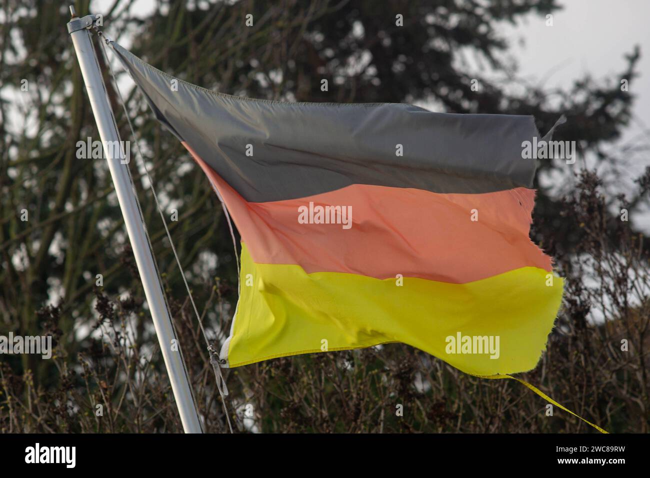 Eine zerrissene Deutschlandfahne weht in der Nähe von Bornheim  NRW . Deutschlandfahne *** A torn German flag flies near Bornheim NRW Germany flag Stock Photo