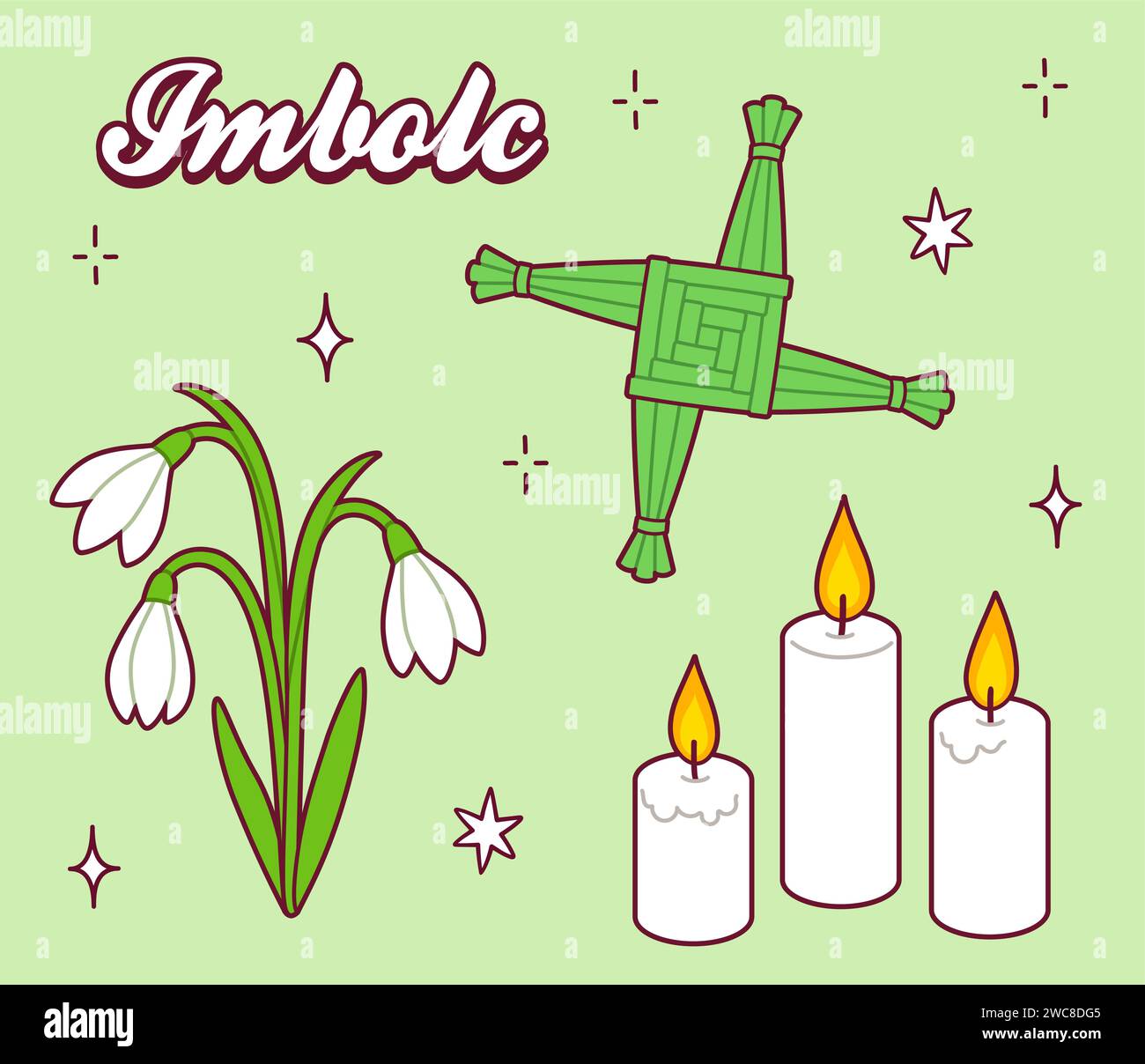 Imbolc symbols doodle set, pagan spring holiday. Saint Brigid's cross