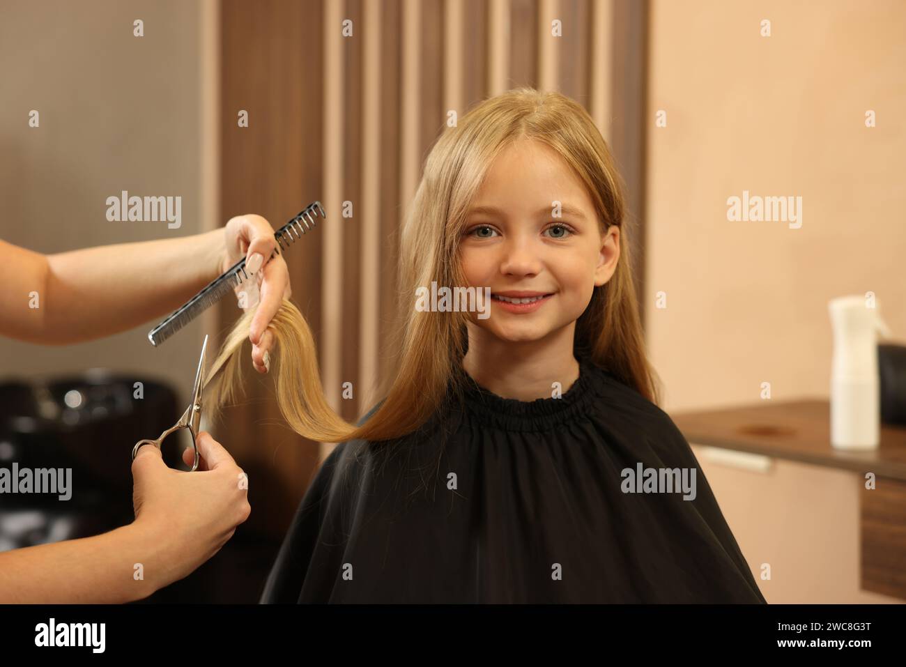 Professional hairdresser cutting girl's hair in beauty salon Stock ...