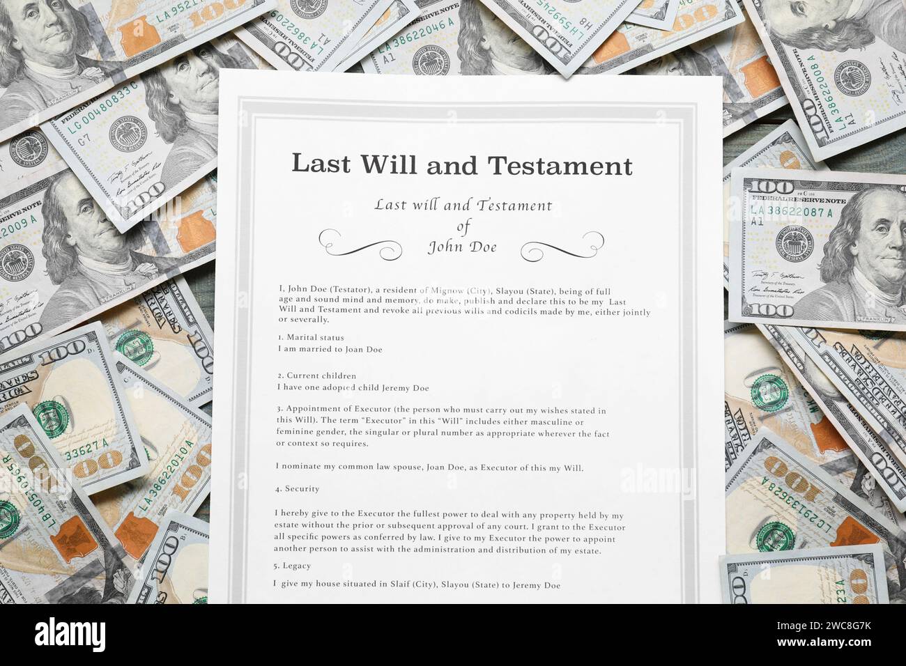 last-will-and-testament-with-dollar-bills-top-view-stock-photo-alamy