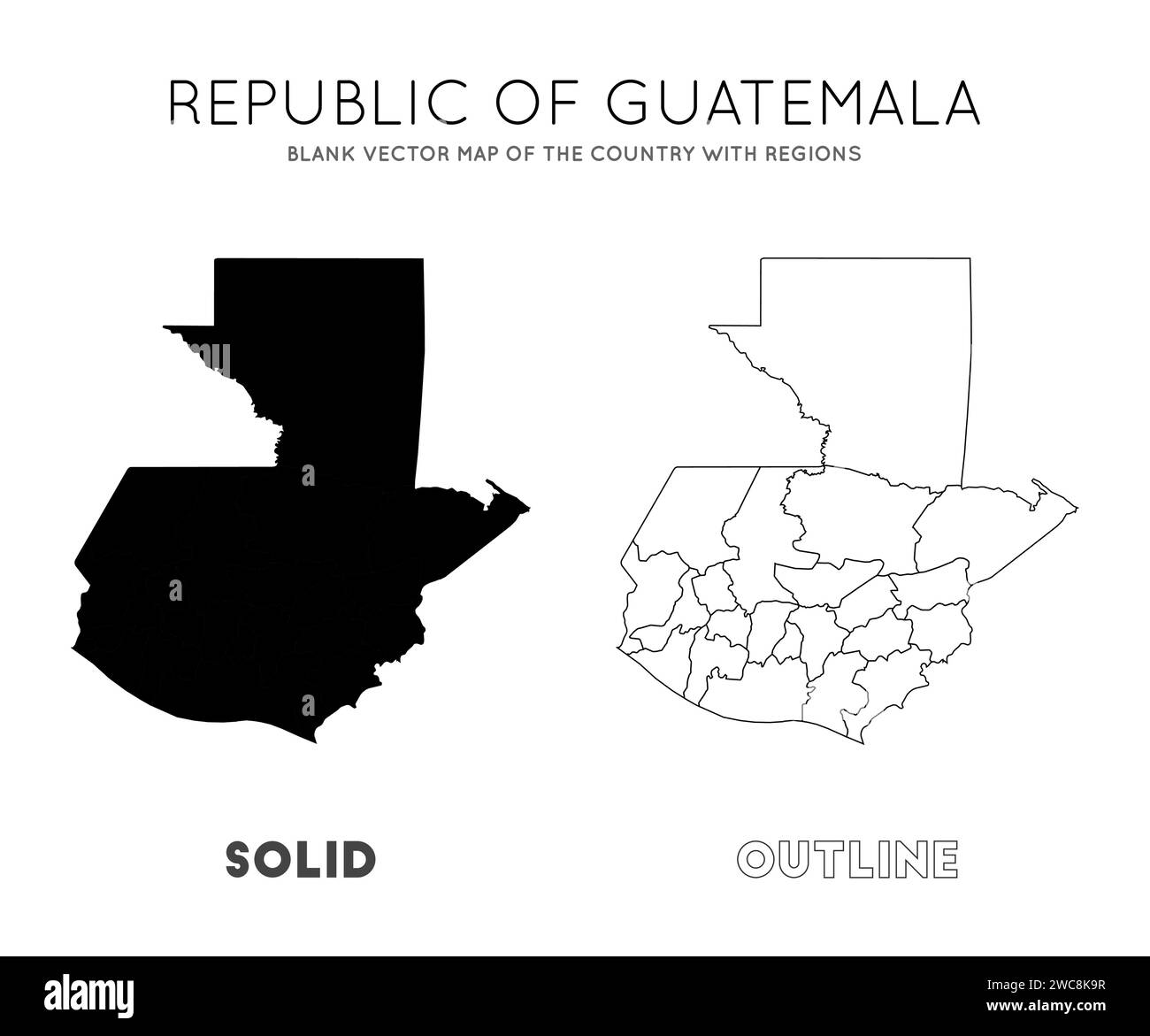 Guatemala map. Blank vector map of the Country with regions. Borders of Guatemala for your infographic. Vector illustration. Stock Vector