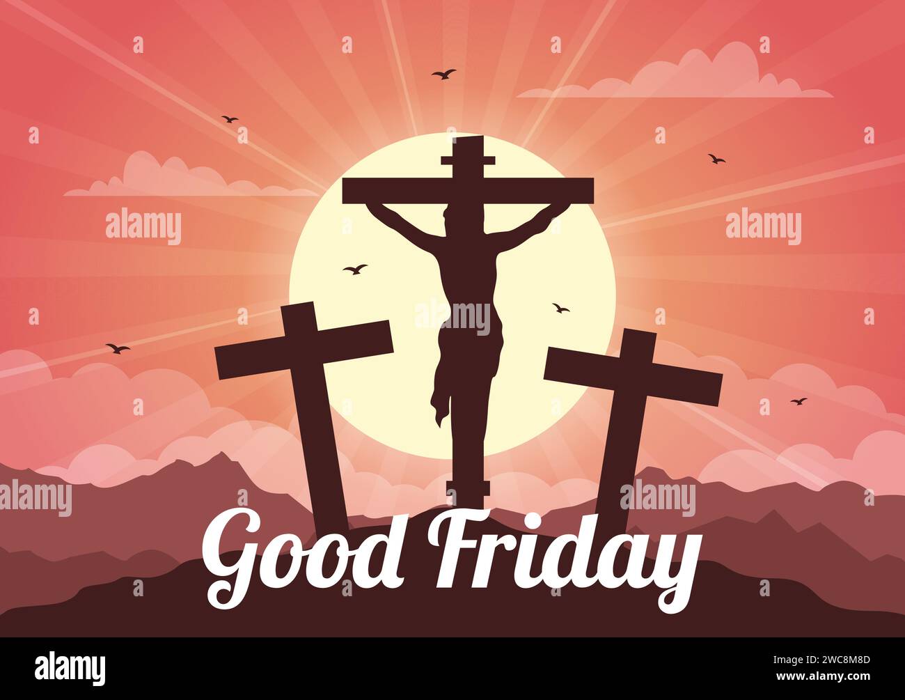 Happy Good Friday Vector Illustration with Christian Holiday of Jesus Christ Crucifixion and Pigeons in Flat Cartoon Background Design Stock Vector