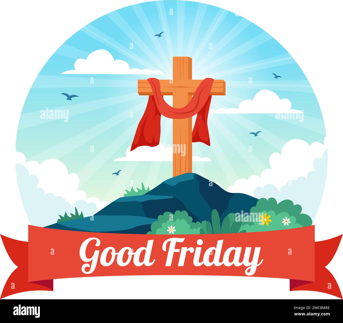 Happy Good Friday Vector Illustration with Christian Holiday of Jesus Christ Crucifixion and Pigeons in Flat Cartoon Background Design Stock Vector