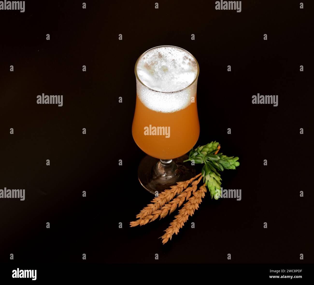A tall glass of light wheat beer with high white foam, ears and ripe hops on a black background. Close-up. Stock Photo