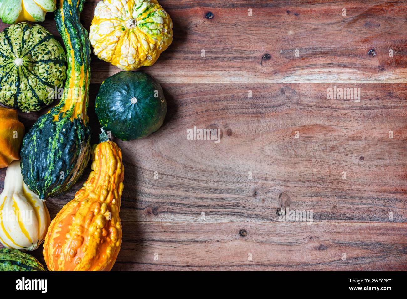 Variety of gourds on left side of wood cutting board Stock Photo