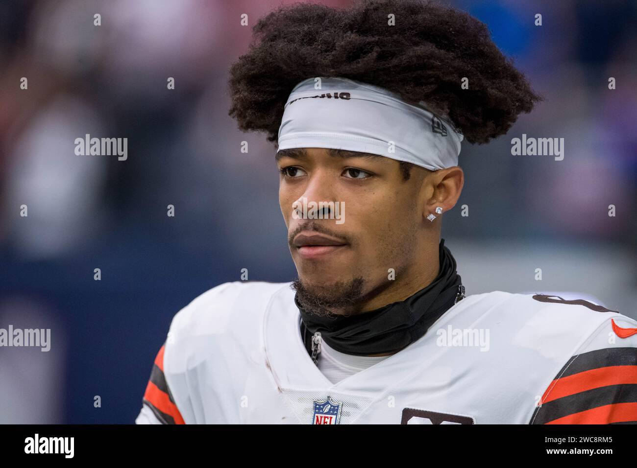 Houston, TX, USA. 13th Jan, 2024. Cleveland Browns cornerback Greg Newsome II (0) prior to a Wild Card playoff game between the Cleveland Browns and the Houston Texans in Houston, TX. Trask Smith/CSM/Alamy Live News Stock Photo