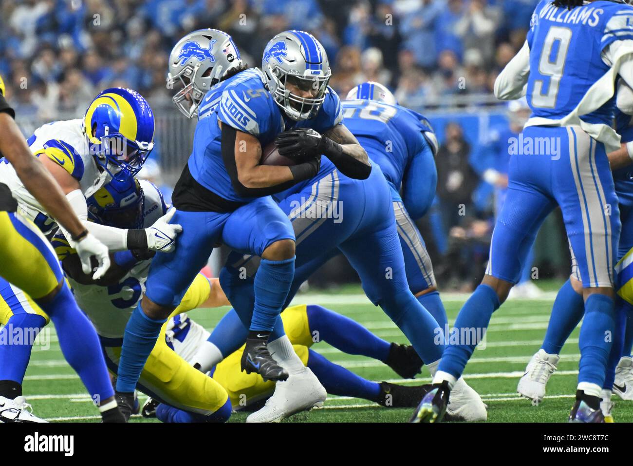 Detroit, USA. 14th Jan, 2024. DETROIT, MI - JANUARY 14: Detroit Lions running back (5) David Montgomery in action during the game between Los Angeles Rams and Detroit Lions on January 14, 2024 at Ford Field in Detroit, MI (Photo by Allan Dranberg/CSM) (Credit Image: © Allan Dranberg/Cal Sport Media) Credit: Cal Sport Media/Alamy Live News Stock Photo