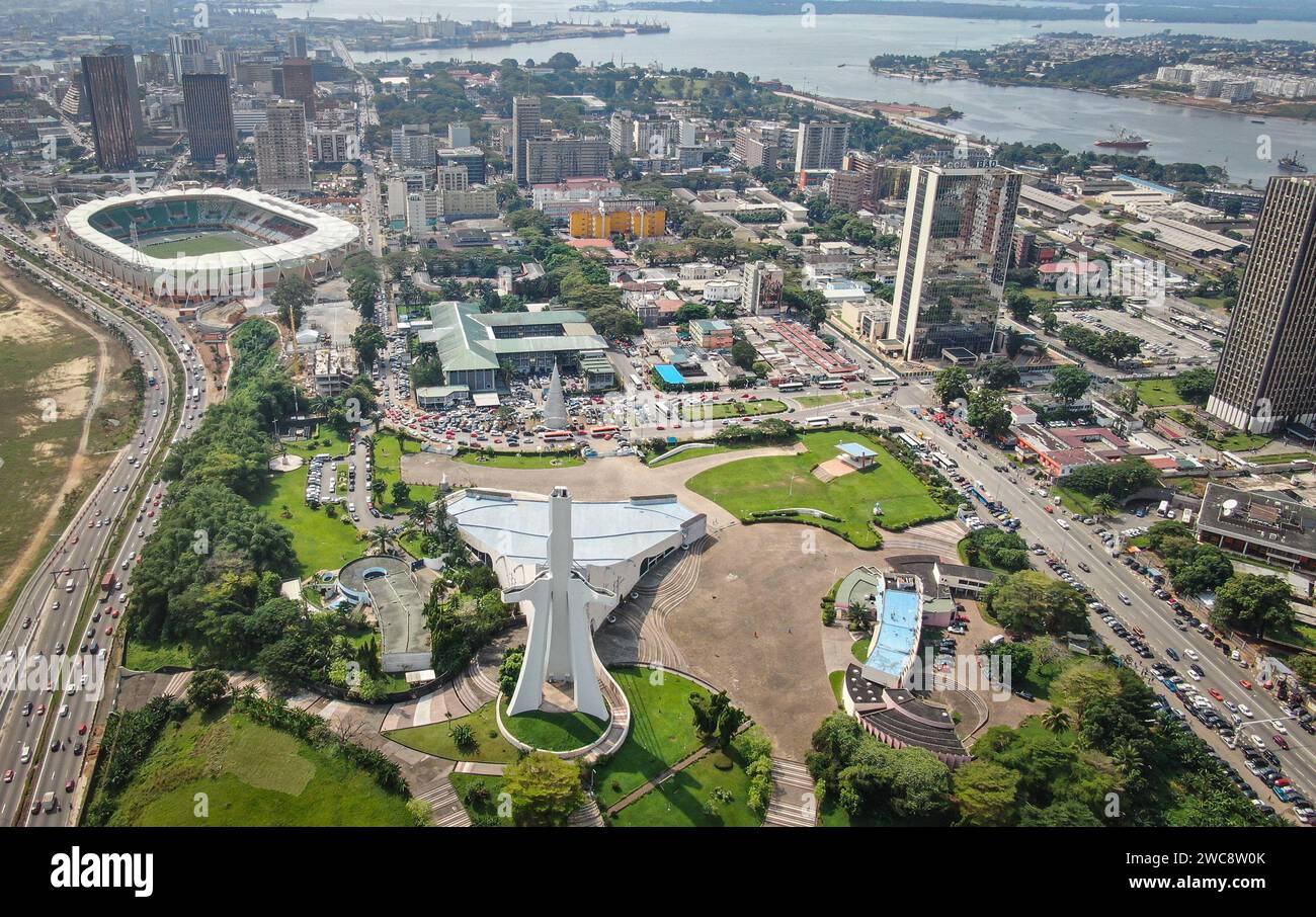 Abidjan, Cote d'Ivoire. 9th Jan, 2024. An aerial drone photo shows a