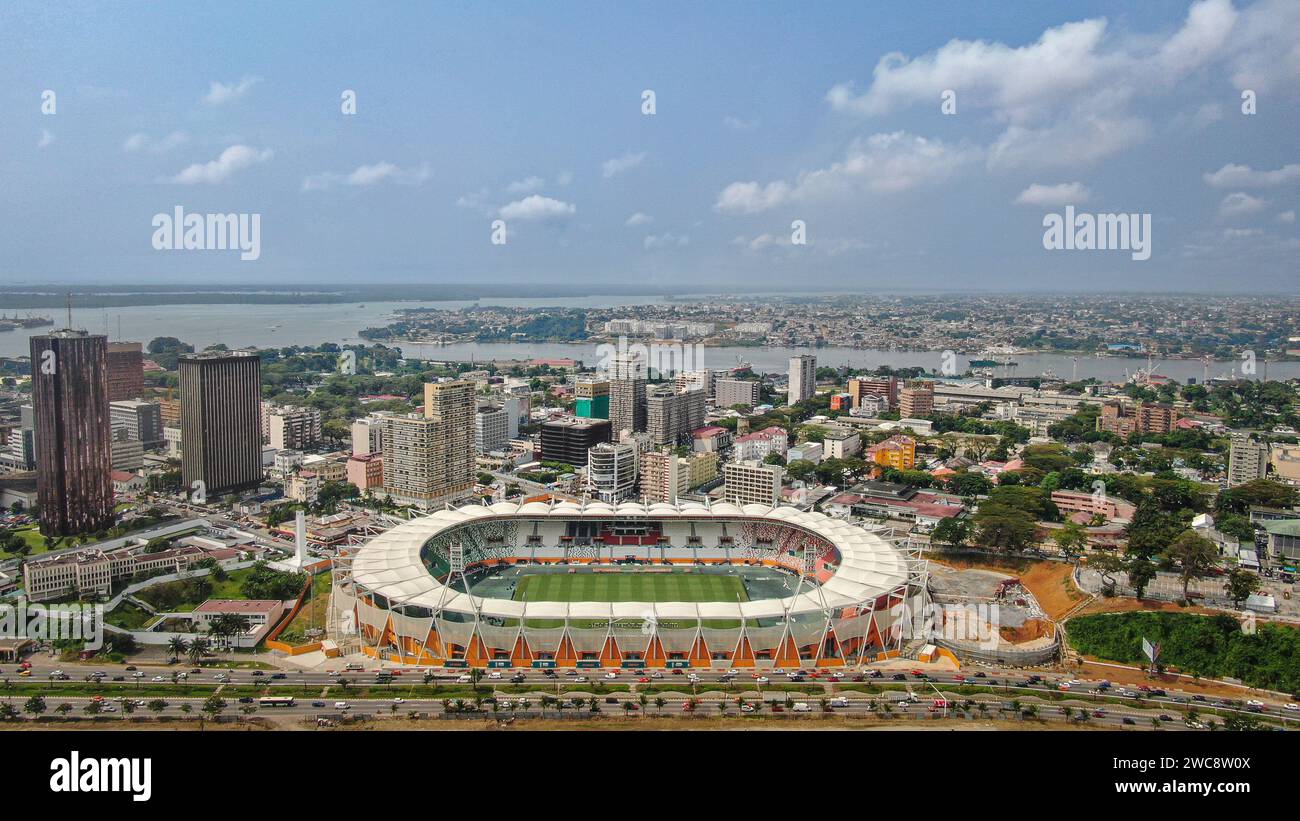 Abidjan, Cote d'Ivoire. 9th Jan, 2024. An aerial drone photo shows a