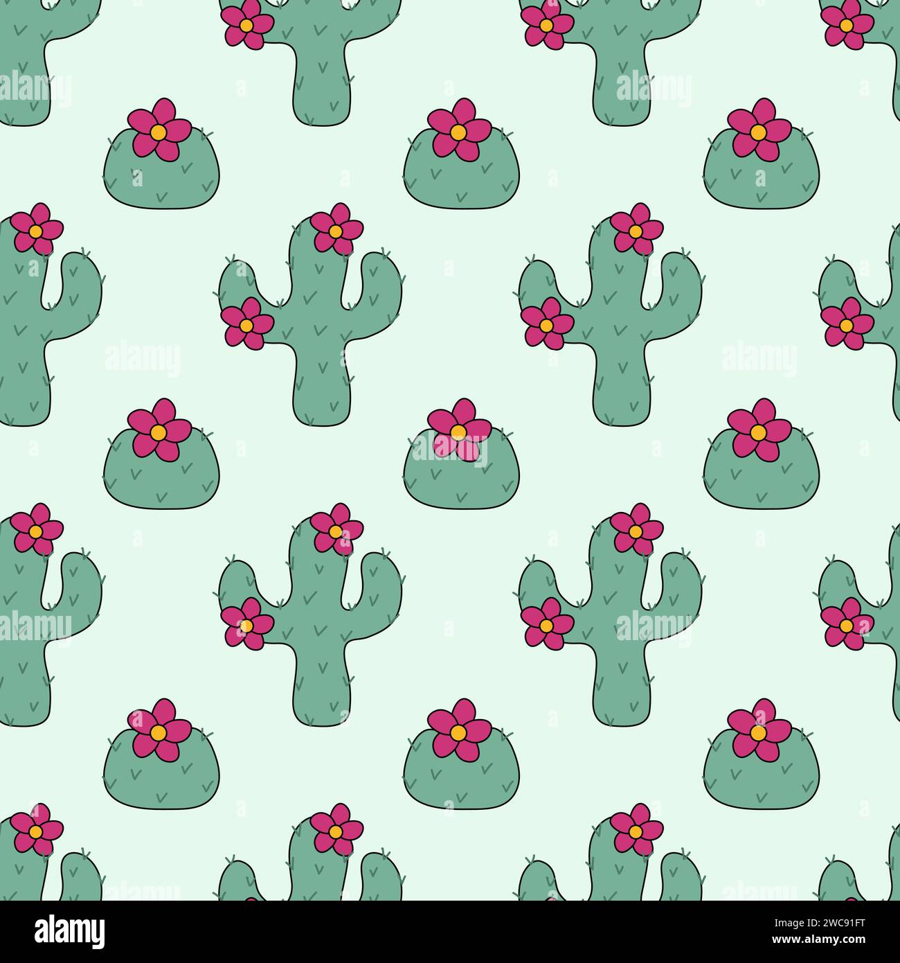 Seamless Pattern with Cactus plants with pink flowers. Cacti background ...