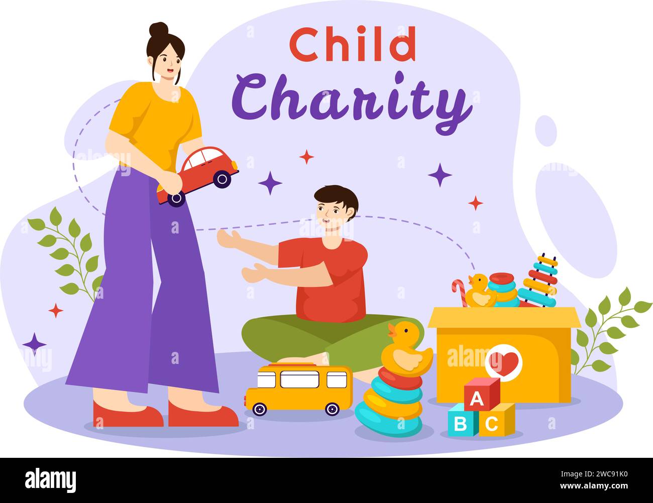 Child Charity Vector Illustration of Charitable Support and Protection of Children with Toy Donation Boxes, Food and Medications Humanitarian Aid Stock Vector