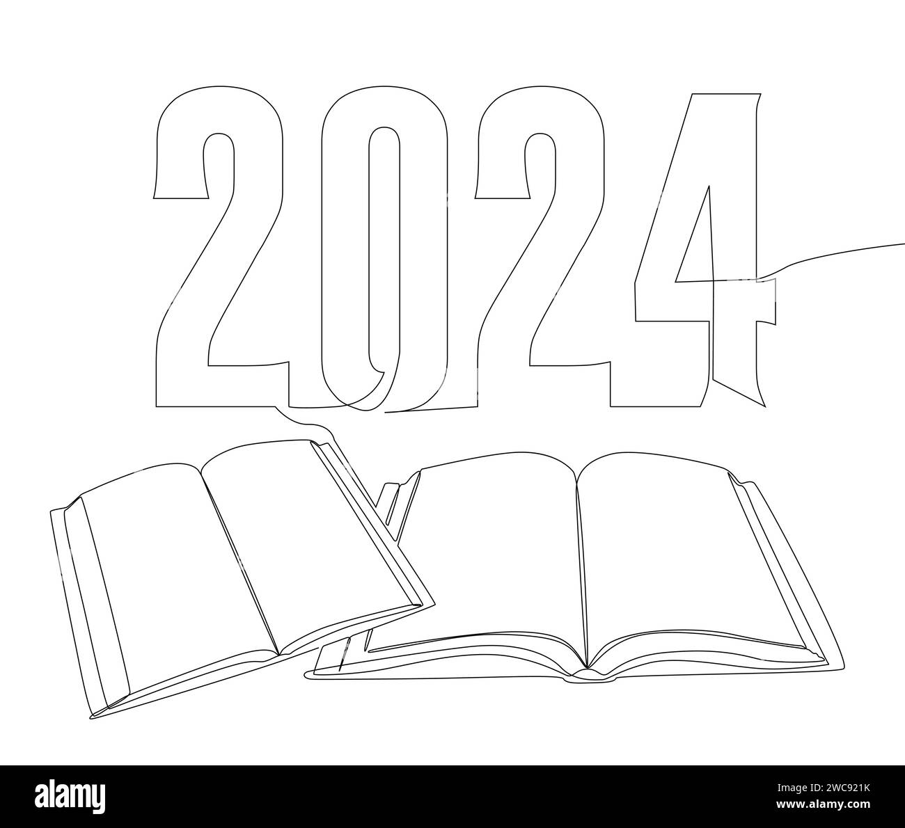 One continuous line of Book with the number 2024. Thin Line
